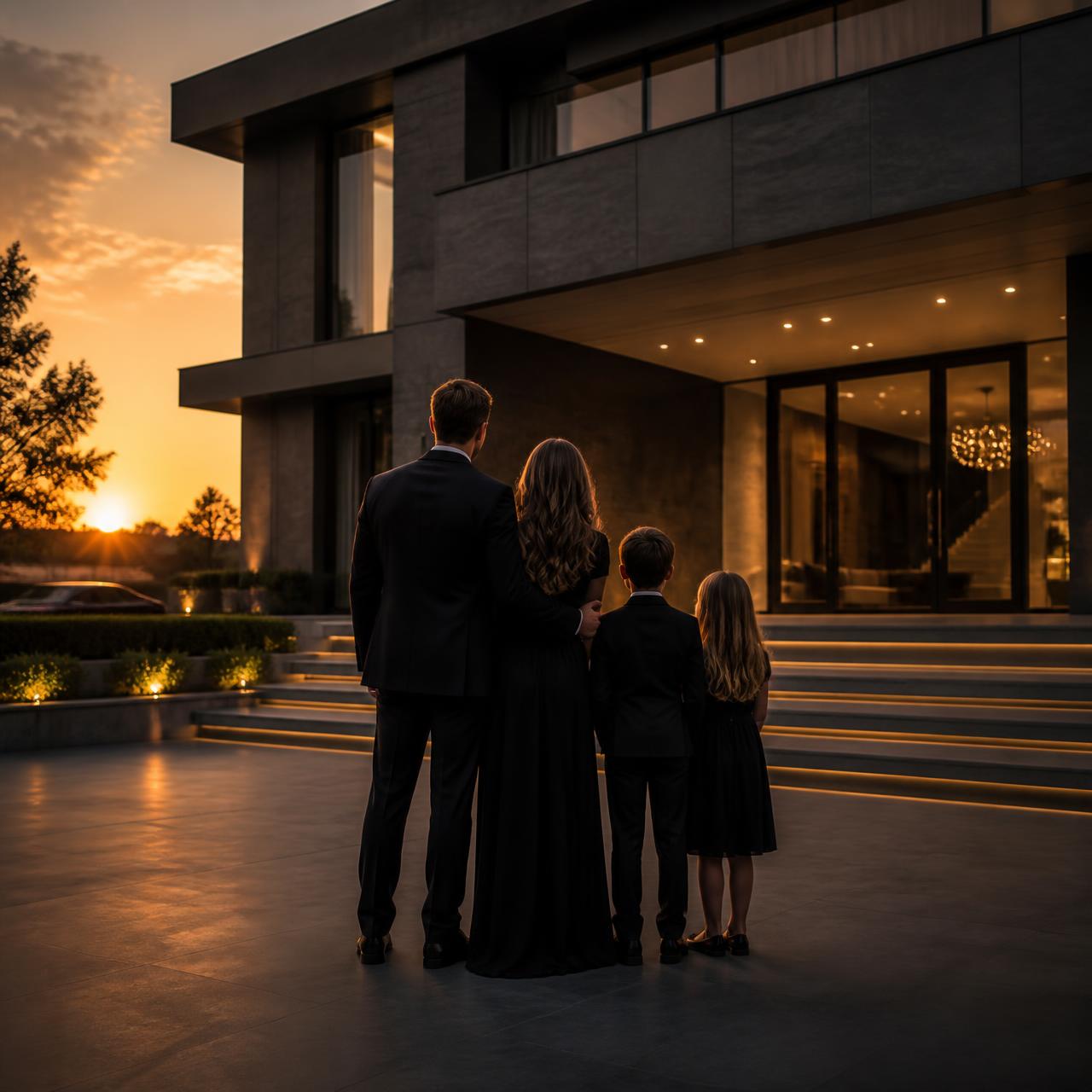 Família diante de um imóvel moderno de alto padrão ao anoitecer